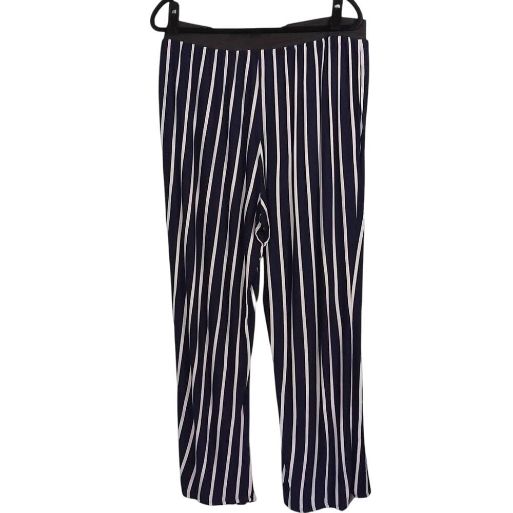 Ashley Stewart Striped Dress Pants Women 26/28 Navy Blue Wide Leg Elastic Waist - Picture 2 of 10